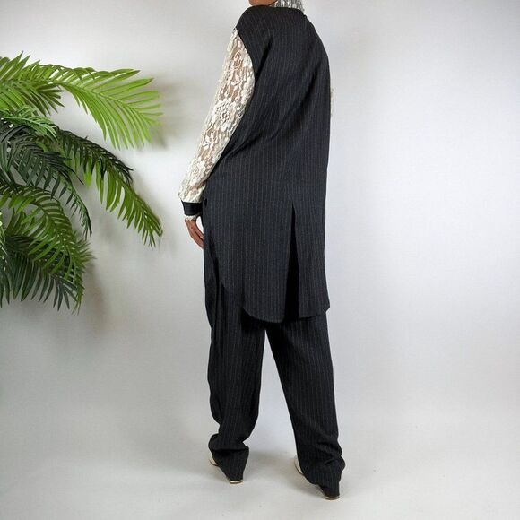 Vintage 90s Grunge Gray Pin Stripe Oversized Pantsuit Blazer & Trousers / Sz: M - Picture 2 of 9